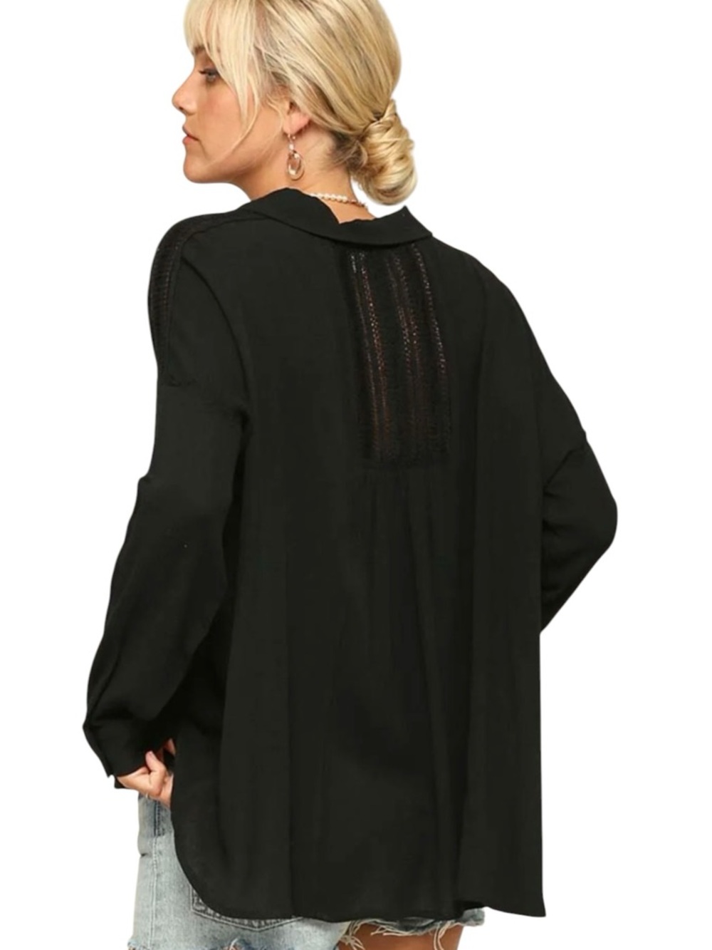 NEW Kyemi Black Lightweight Open Lace Crochet Inset Boho Breeze Button Up Shirt - Picture 5 of 6